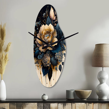 Navy Blue And Gold Rose I - Asymmetric Metal Wall Clock